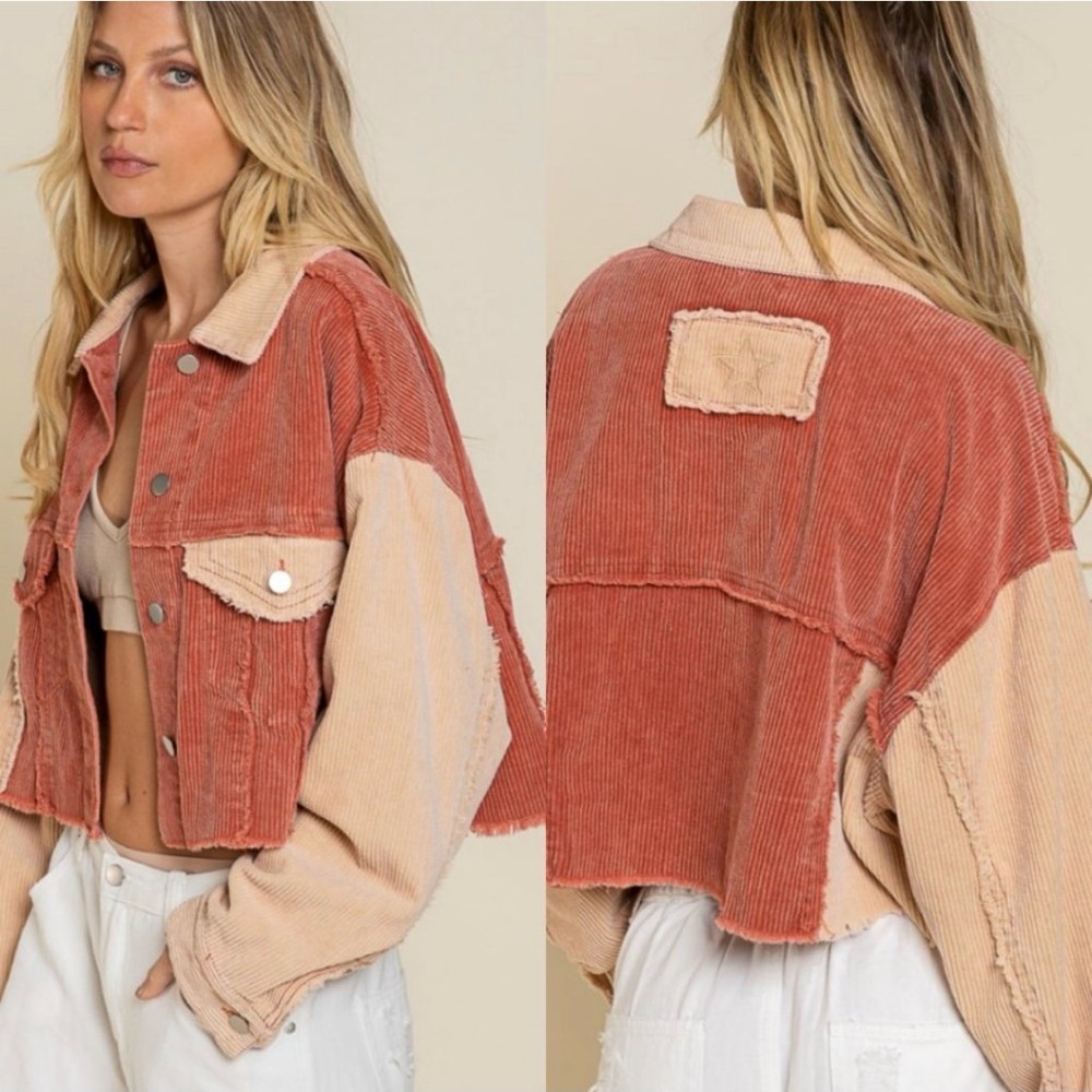 🌺 POL Cropped Color Block Corduroy Jacket